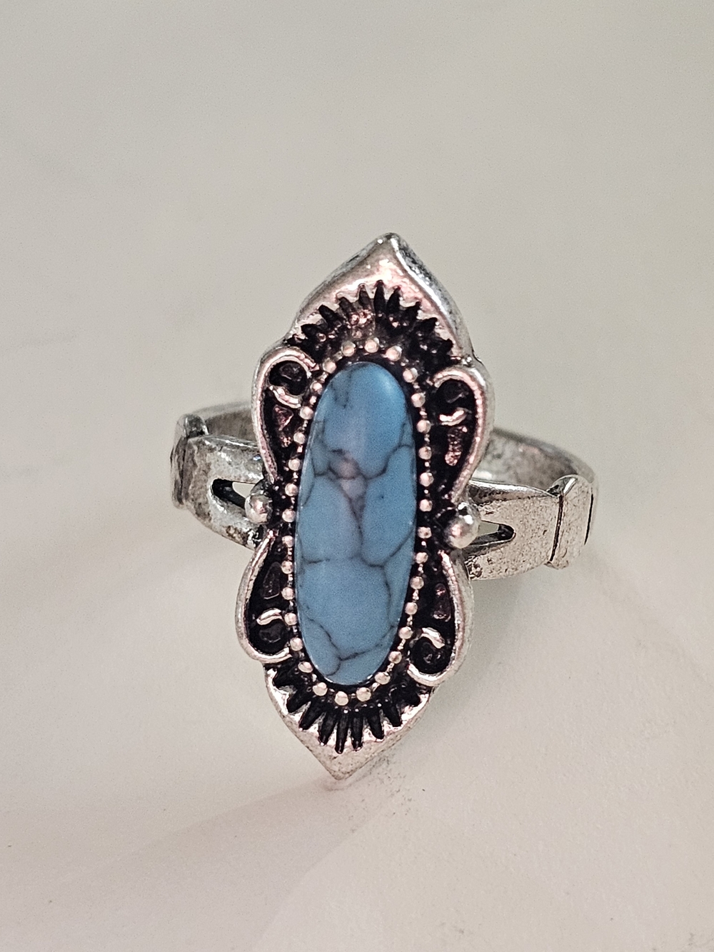 Silver-Tone Turquoise Oval Stone Ring
